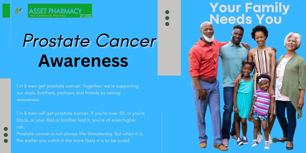 A supportive family gathering around a middle-aged man, highlighting the importance of prostate cancer awareness. The group includes diverse family members, showing concern and encouragement. The image aims to promote early detection and the significance of family support in battling prostate cancer. Text overlay reads "Your Family Needs You - Prostate Cancer Awareness